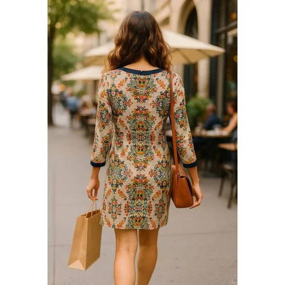 J Crew Size 4 Silk Dress Multicolor Floral Print Long Sleeve Straight Y2K Chic - Picture 4 of 12